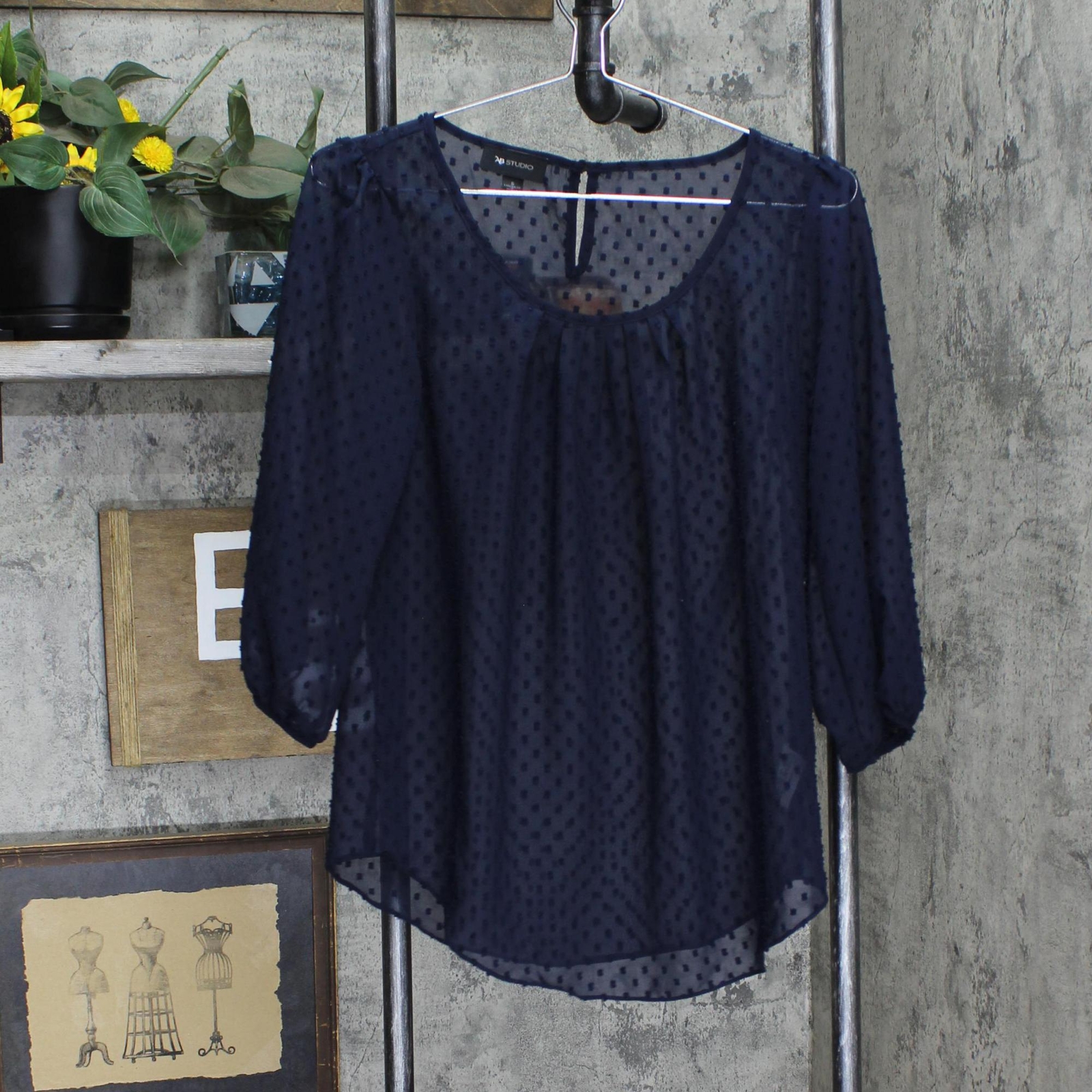 AB Studio Womens Lined Sheer Woven Textured Blouse Shirt Top