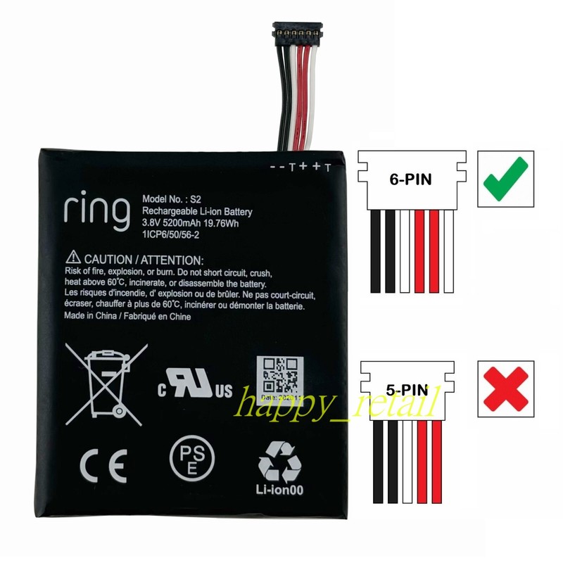 New Battery S2 (6 pins) for Ring Video Doorbell 5200mAh
