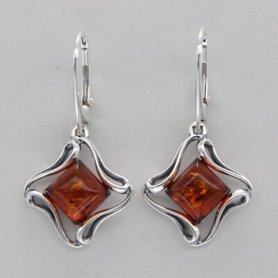 Cognac / Brown BALTIC AMBER Square Leverback Earrings 925 STERLING SILVER #1573e