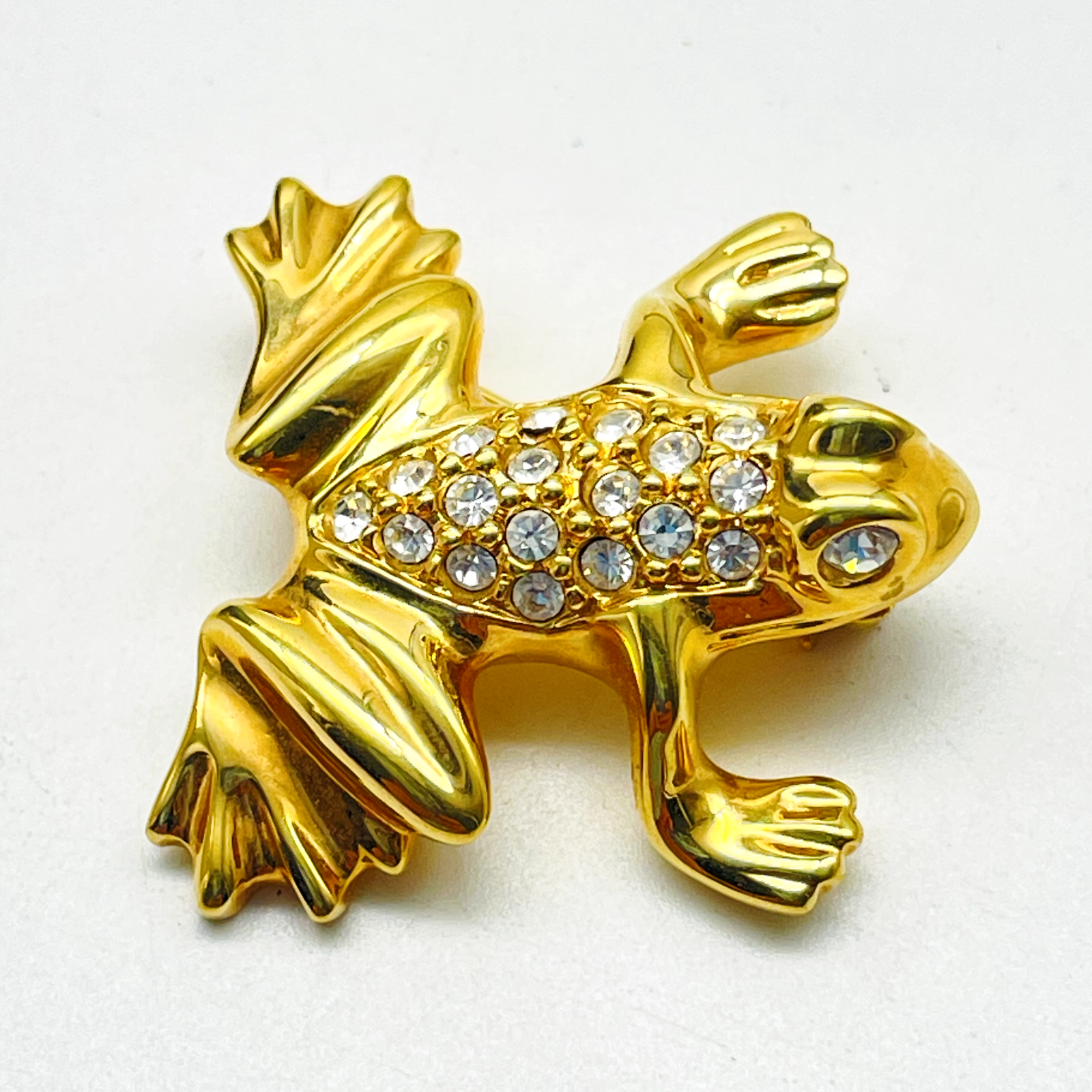 SAL Tiny Swarovski Crystal Studded Frog Pin Gold Tone Toad