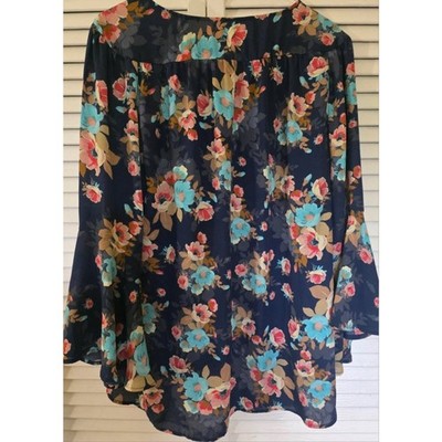 NY Collection Floral Bell Sleeve Blouse Navy Blue Teal Pink Chiffon Top Large