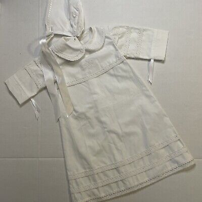 Battesimo Baby Christening Dress Baptism Gown White Lace & Bonnet Handmade NWT