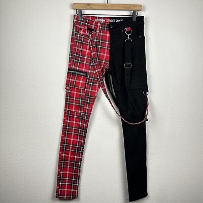 Hot Topic HT Denim Red Plaid Split Leg Stinger Jeans Men's 28x30 Suspenders