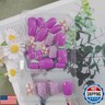 Short Press on Nails Square Fake Nails Purple Nails Press ons Glitter Glue on Nails Spring Acrylic Nails Nude False Nails with Colorful Flower designs Daily Wear Simple Stick on Nails for Women 24Pcs