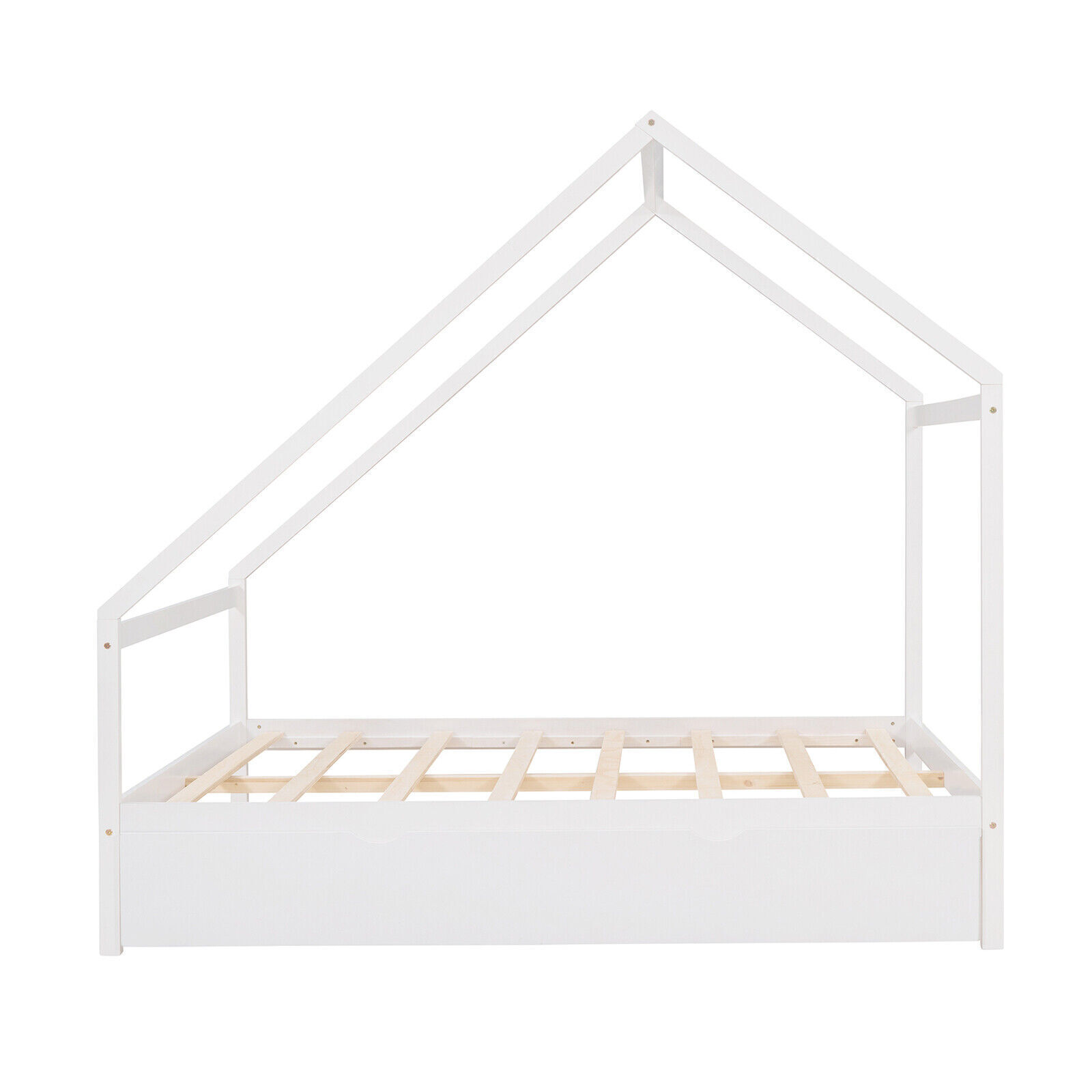 White Full Size House Bed with Twin Size Trundle Wood Platform Bed Frame Bedroom