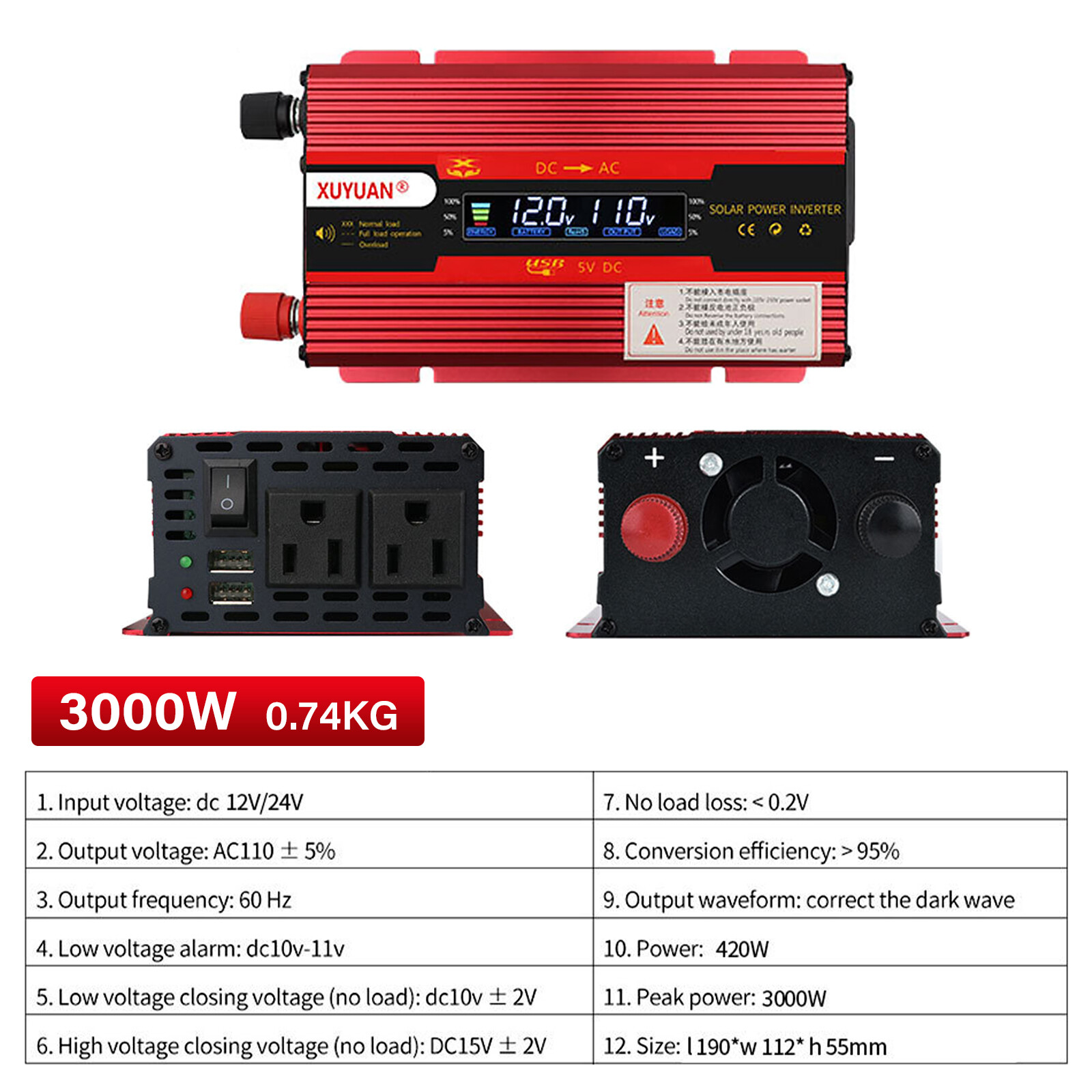 6000W Car Power Inverter Watt DC 12V to AC 110V Corrected Sine Wave Converter