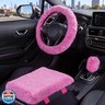 Mihecor Furry Car Steering Wheel Cover with Fluffy Gear Shift Cover and Center Console Cover, Soft Warm Plush Non-Slip, 14 1/2-15 inch, for Women Girls 3 PCS Set, Pink