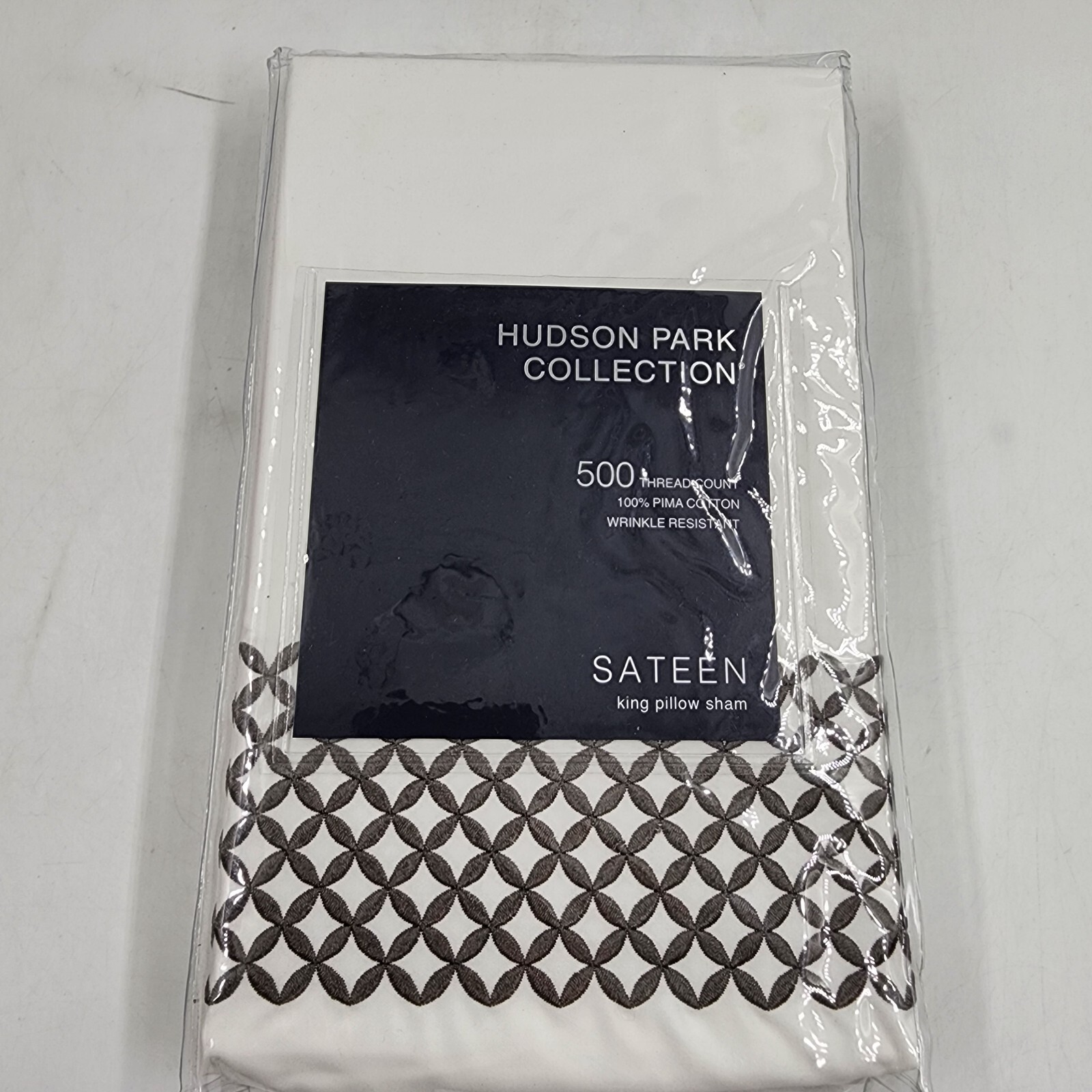 Hudson Park Collection 500TC Embroidered Geo King Sham 20x36in Charcoal/White - Picture 2 of 13