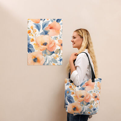 New Tote Bag Large 15 in x 15 in Floral Design Peach Black Denim Dual Handle