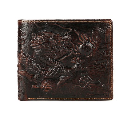 Dragon Brown Bifold Wallet Cow Genuine Leather Men Wallet Cowhide Travel Purse E