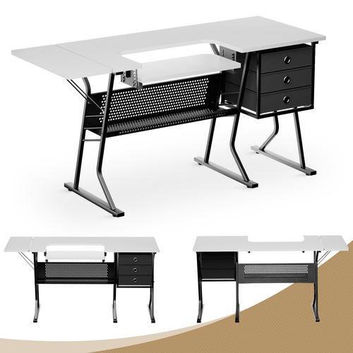 Folding Sewing Machine Table Adjustable Height Art Craft White w/Drawer Storage