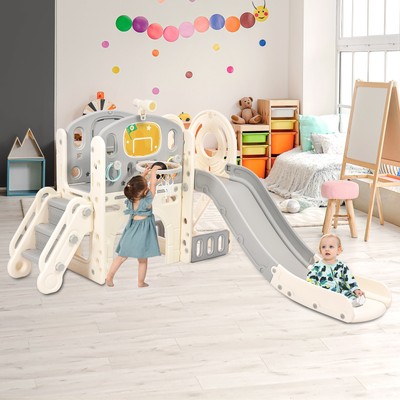 Kids Castle Climbing Slide Playset - Freestanding Crawling Playhouse with Tunnel