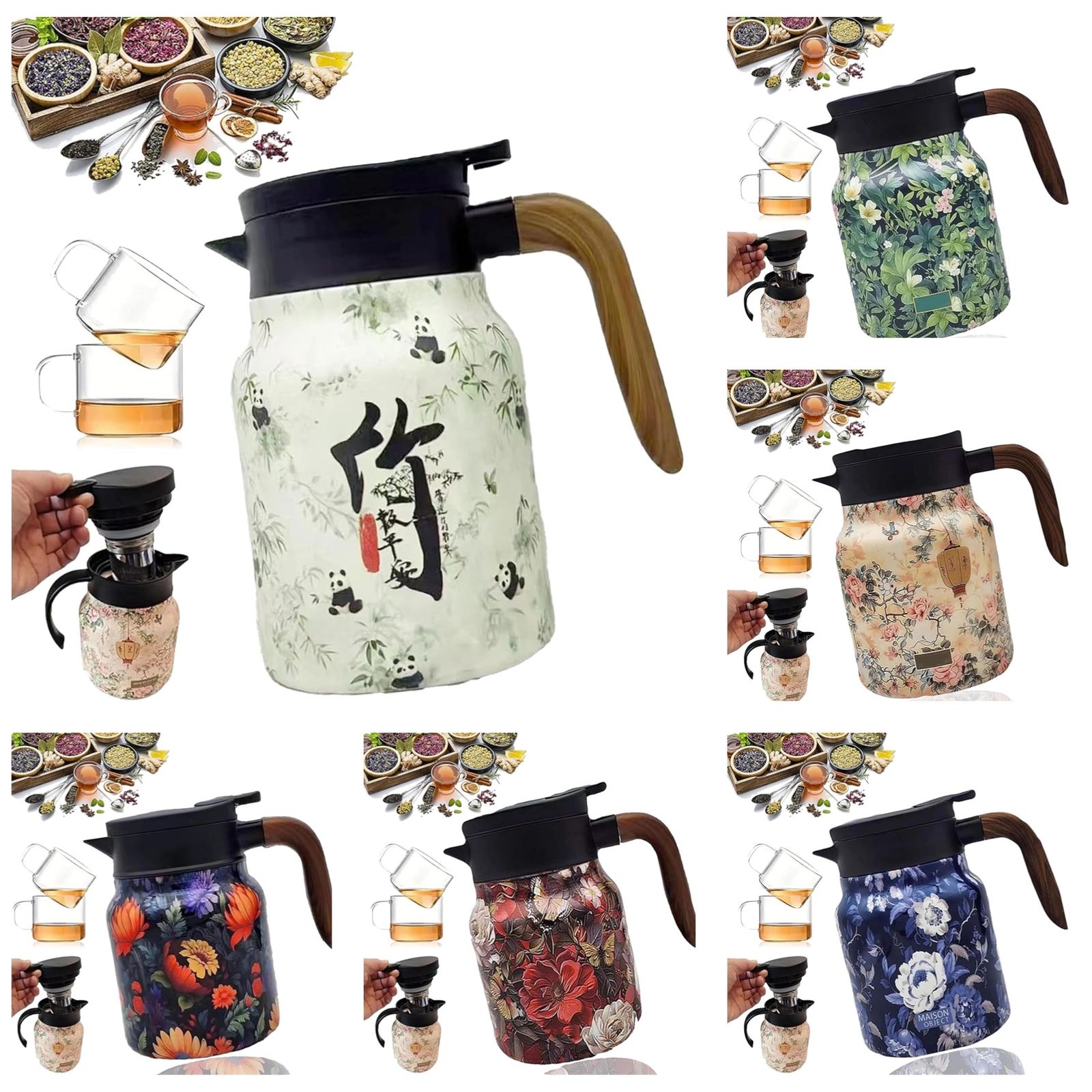 Raidley – Thermos à Thé Vintage à Motif Floral – Infuseur Intégré En Acier Inoxydable Avec Couvercle Pour Boissons Chaudes – Théière Isotherme Amovible 1000 Ml Pour Bureau, Dortoir, Maison, Cuisine