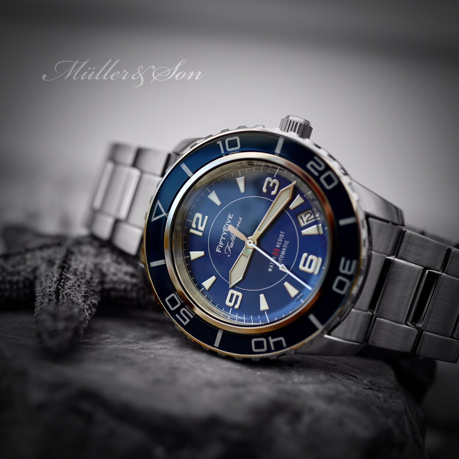 Pre-owned Müller&son Watch "blue Mod 1" Made From Seiko Snzh53 Fifty Five Fathoms+bracelet