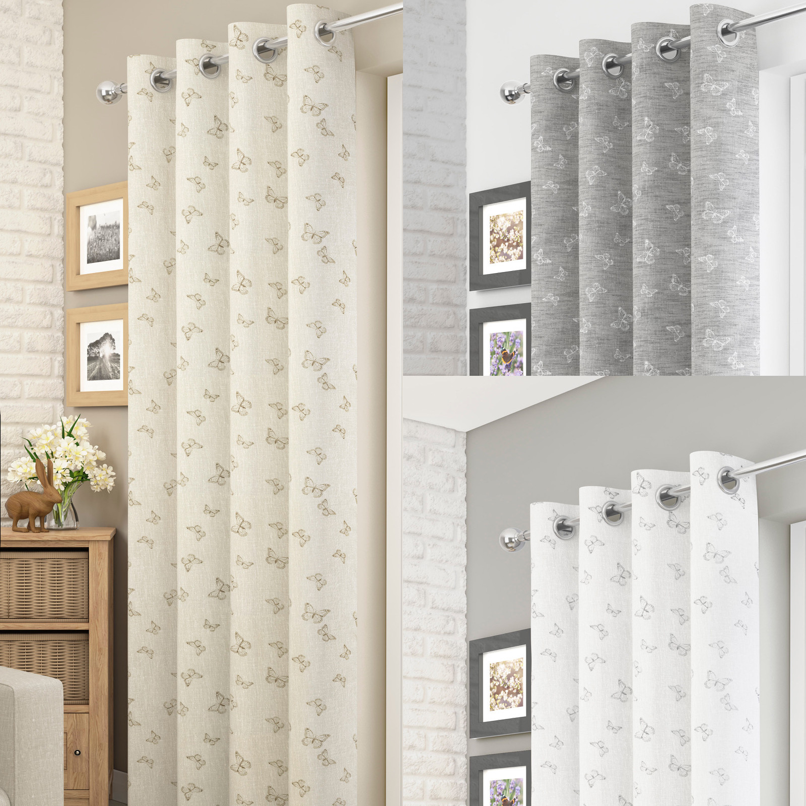 Iona Butterfly Linen Look Voile Net Curtain Ready Made Eyelet Ring