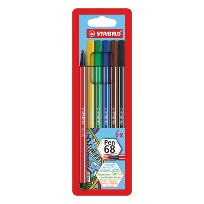 Premium Fibre-Tip Pen - STABILO Pen 68 - Pack of 6 - Assorted Colours Pack of 6 