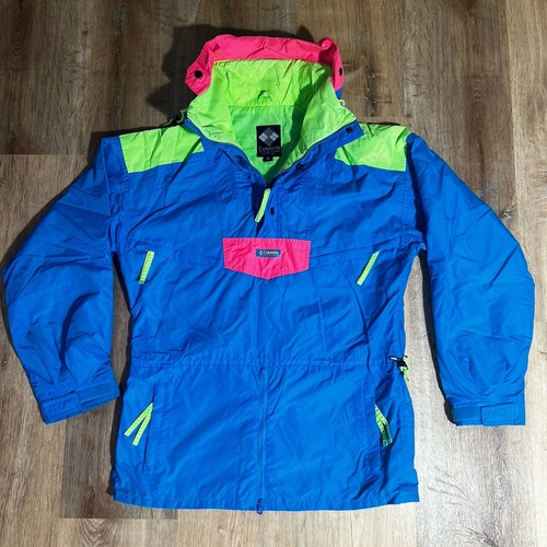 Vintage 90's COLUMBIA Mens M Ski Jacket Anorak Shell Pullover Neon Blue Retro