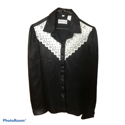 SHEPLERS Western Shirt Black long sleeve white lace silky button