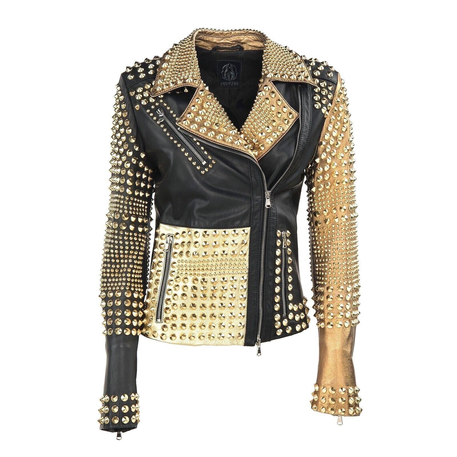 Pre-owned Philip Plein Women  Full Golden Studded Stylish Black Leather Jacket