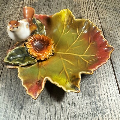 Ceramic MAPLE LEAF SUNFLOWER & BIRD Dish Trinket Tray Rings Coins Fall Decor EUC