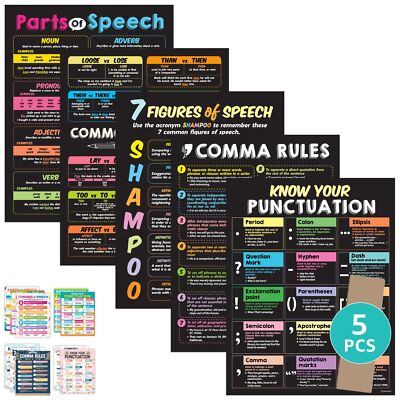 Decorably 5 Chalkboard English Posters For Classroom 17x22in Matte Laminated