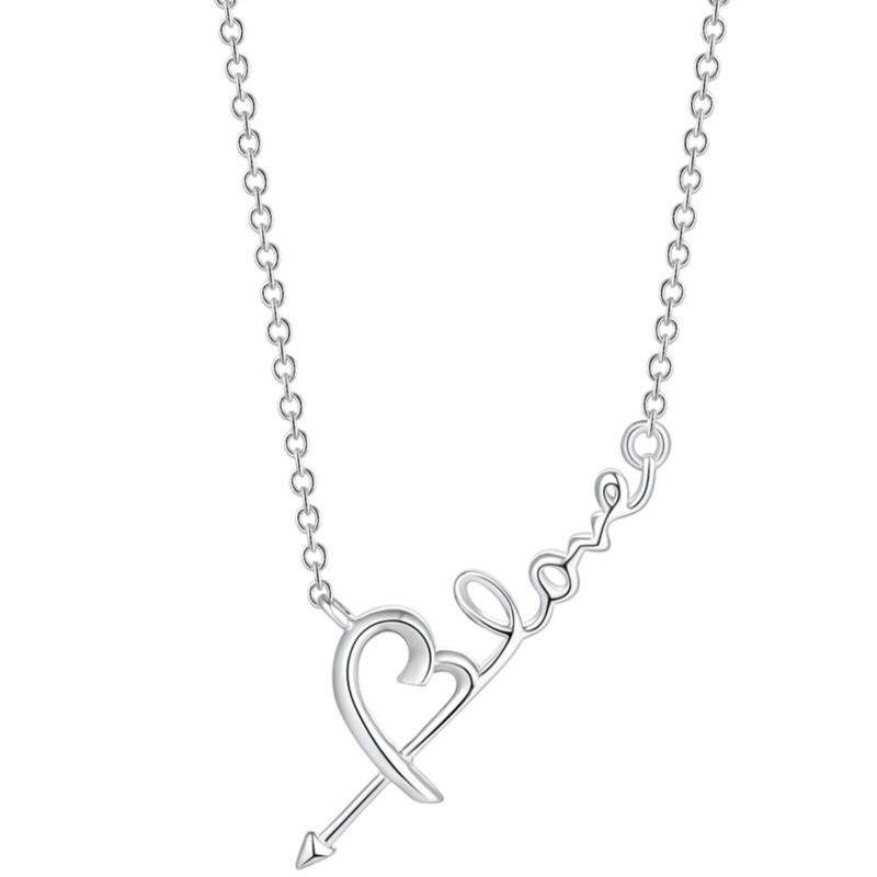 Real 925 Sterling Silver Heart Love Word Pendant Necklace Simple Unique Design