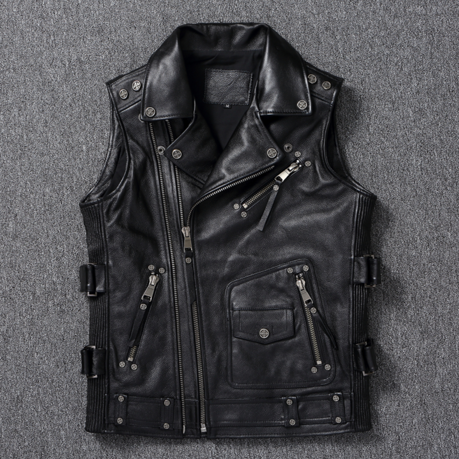 Pre-owned Fashion Men Genuine Cowhide Leather Biker Styles  Sleeveless Vest,  In Black
