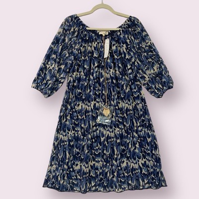 Joie De Vivre Abstract Print Pleated Shift Dress Size Medium Blue Boho Chic NWT