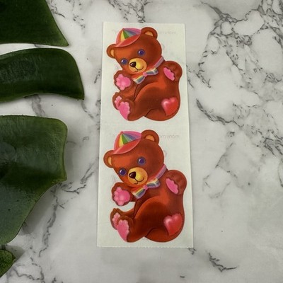 Vintage 80s Lisa Frank Teddy Bear Rainbow Bow Tie Hearts Stick...
