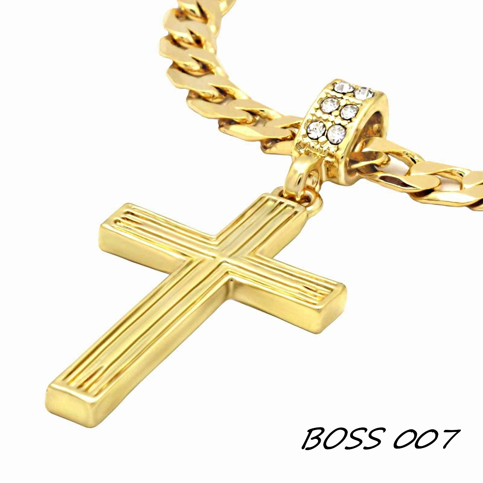 BREND 14k Gold Plated Flat  Miami Cuban chain Necklaces on Two Cross Pendant 12