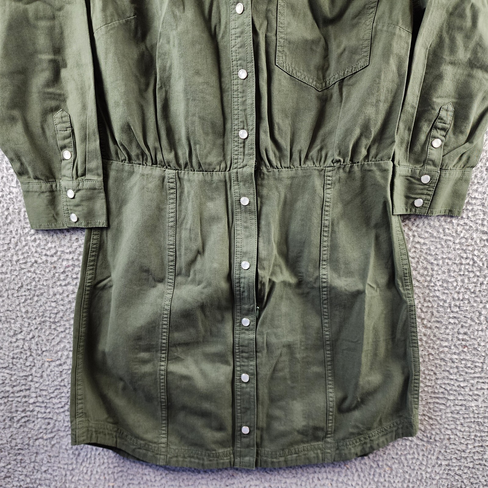 Veronica Beard Keston Twill Snap Front Shirtdress Women 10 Army Green 3/4 Sleeve - Picture 3 of 16