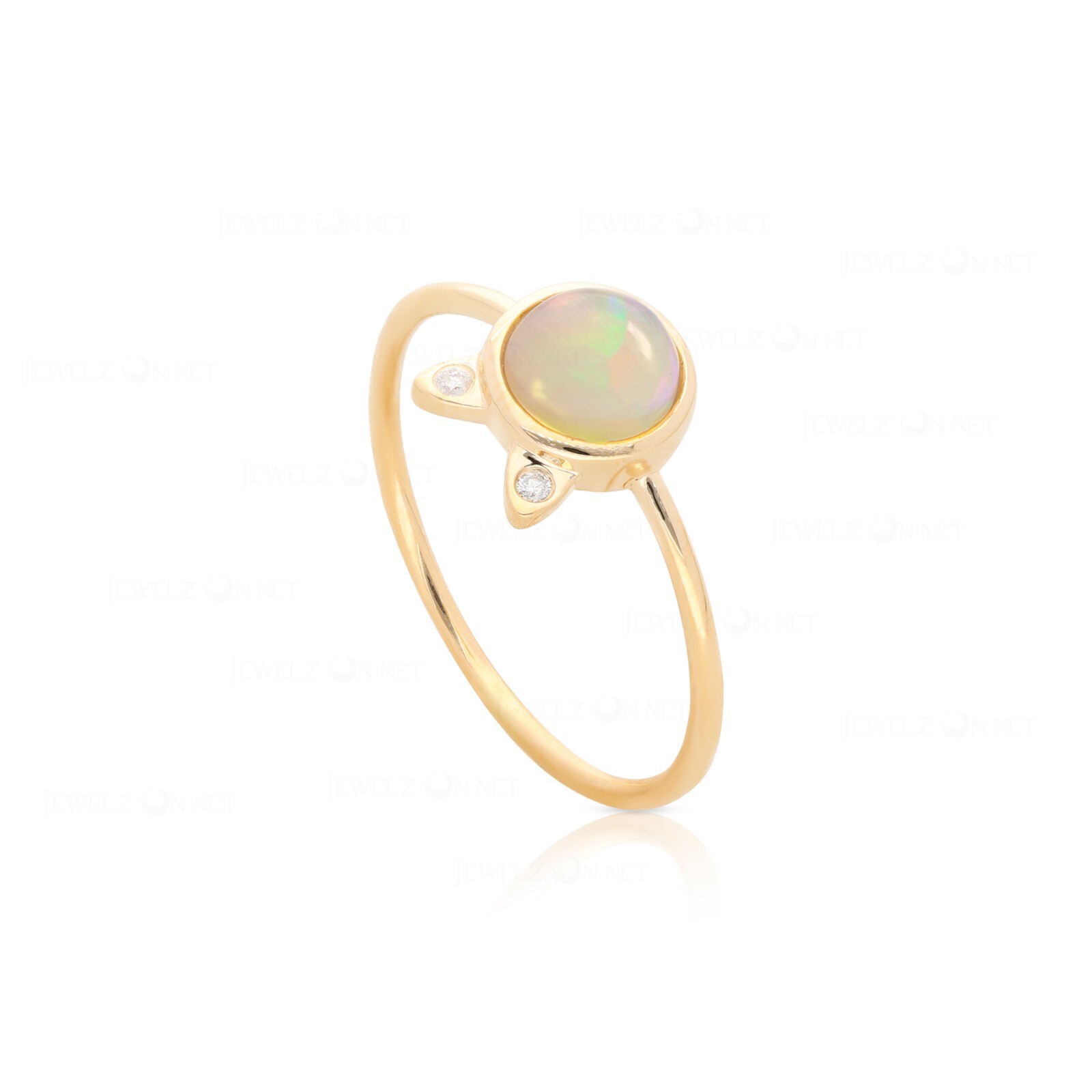 Pre-owned J.o.n 14k Gold Natural Diamond Opal Gemstone Feline (cat) Ring In White