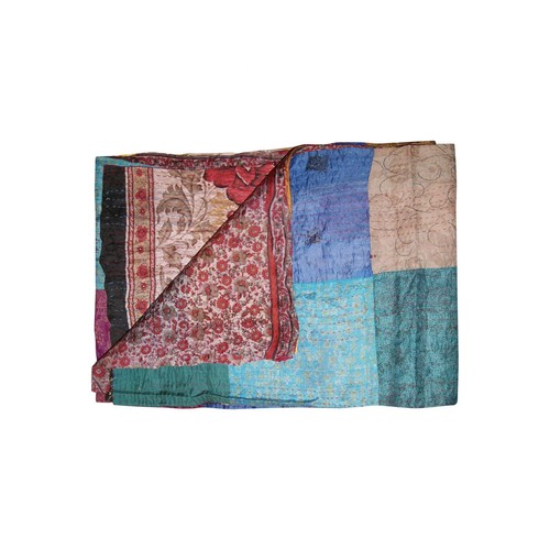 Сине-коричневое и зеленое лоскутное одеяло Kantha из хлопка в стиле пэчворк размером 60 X 90 см с