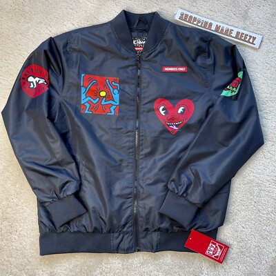 [L] KEITH HARING x MEMBERS ONLY Pyramid Heart Dance Artwork Bomber Jacket Black