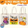 JOYIN 3PCS 13.75” Large Halloween Tote Treat Bags for Trick or Treating, Halloween Goodie Candy Bags, Reusable White Canvas Gift Bag for Kids Party Favor Supplies, Snack Grocery Tote with Handles