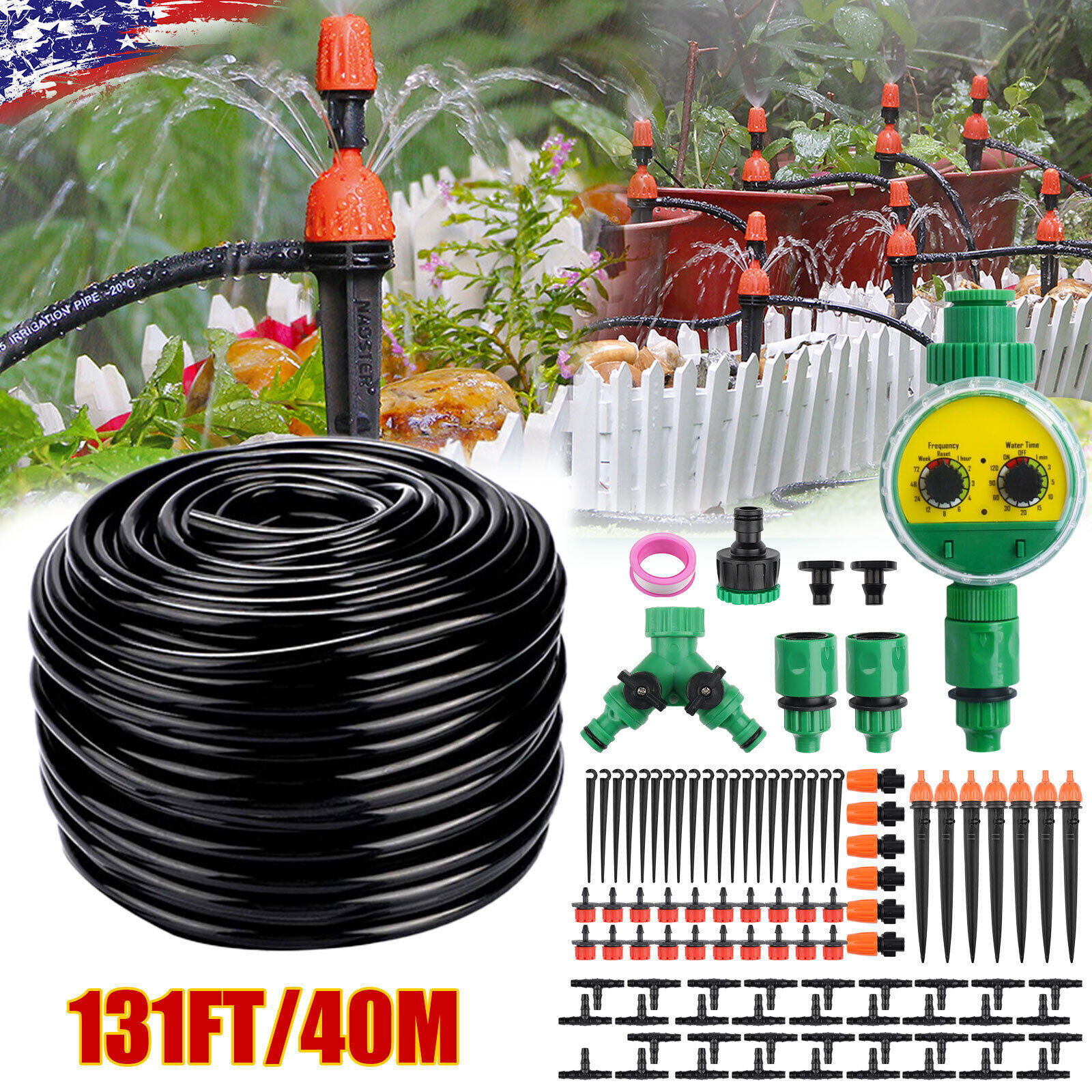 130ft Drip Irrigation System Kit with Plant Timer, Garden Watering Hose