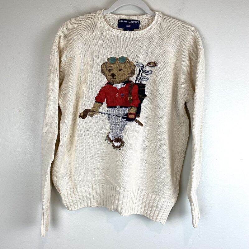 Vintage 90s Ralph Lauren Sport Golfing Polo Bear Knit Sweater Size Medium