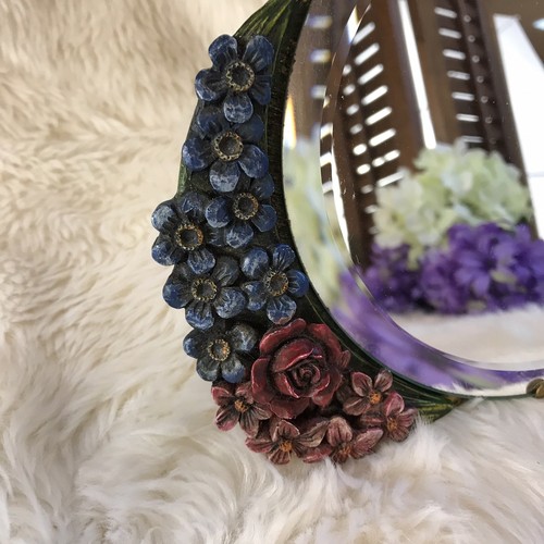 Antique Barbola Round Beveled Mirror Gesso Flowers Table Top c.1930s Bl. Pansies