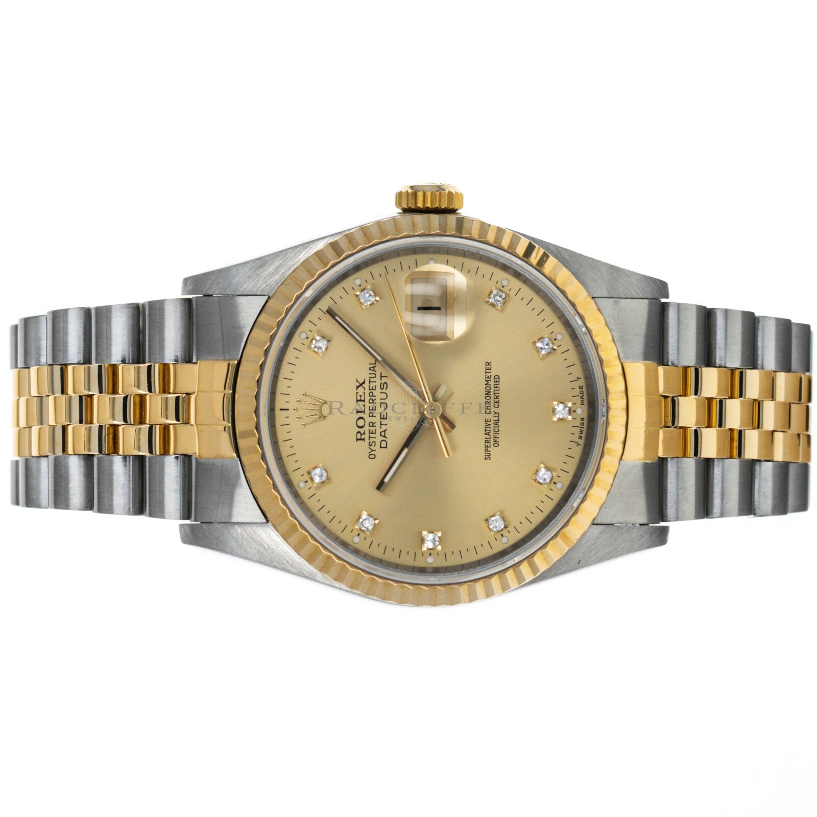 Rolex 16233 E Datejust 36 Champagne Factory Diamond Dial Holes Case Steel Gold