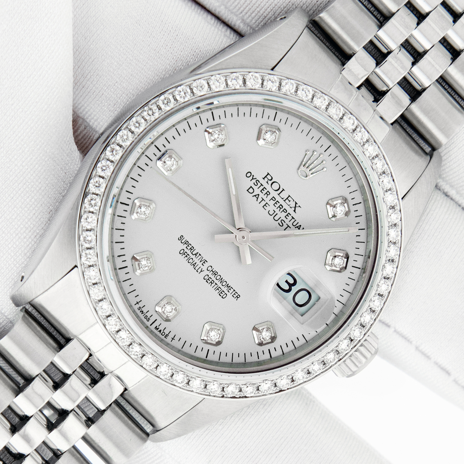 Rolex Mens Datejust Watch Stainless Steel - Silver Diamond Dial - Diamond Bezel
