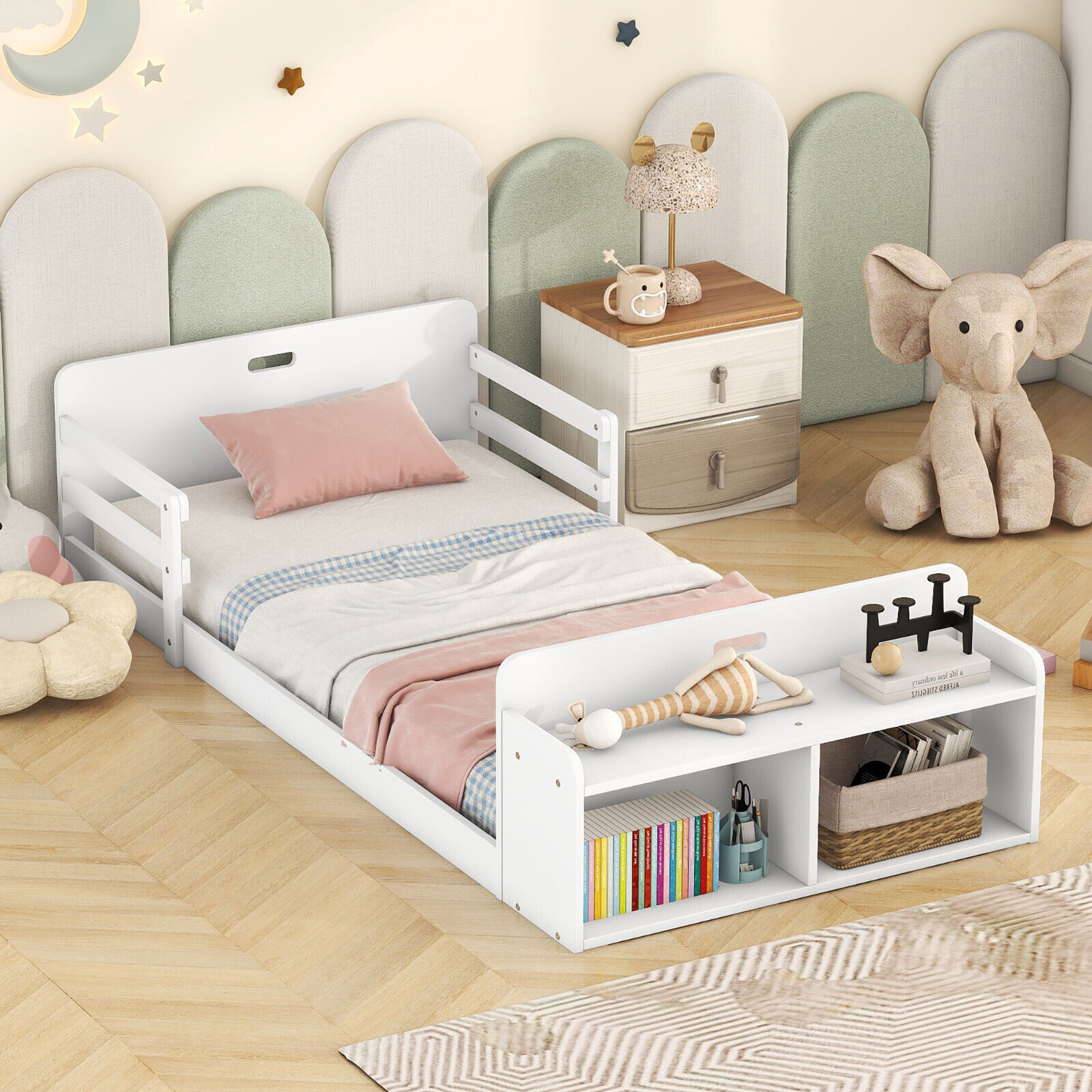 Twin Size Floor Bed with Storage Footboard and Guardrail Baby Safty Bed Frame