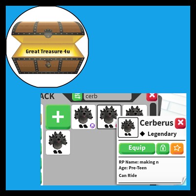 4x CERBERUS 1x RIDE 1x postT 1x preT 2xnew LEGENDARY Adopt your new pet from Me 