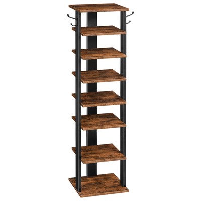 Vertical Shoe Rack, 8 Tier Wooden Shoe Storage Organizer with Hooks, Narrow S...
