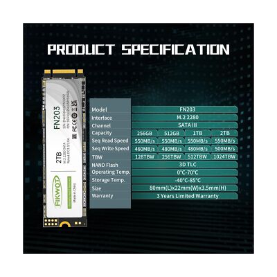FN203 M.2 SATA SSD - SLC Cache 3D NAND TLC SATA III 6Gb/s M.2 2280 NGFF Inter...
