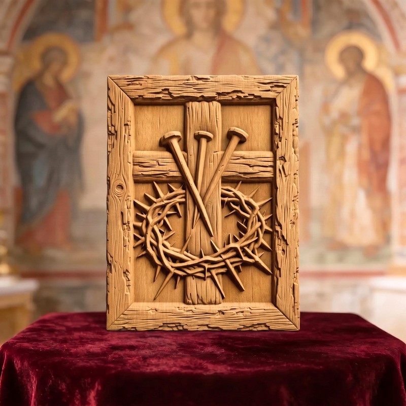 The Cross, Nails and Crown of Thorns Wooden Carved Handmade Christian Icon Decor