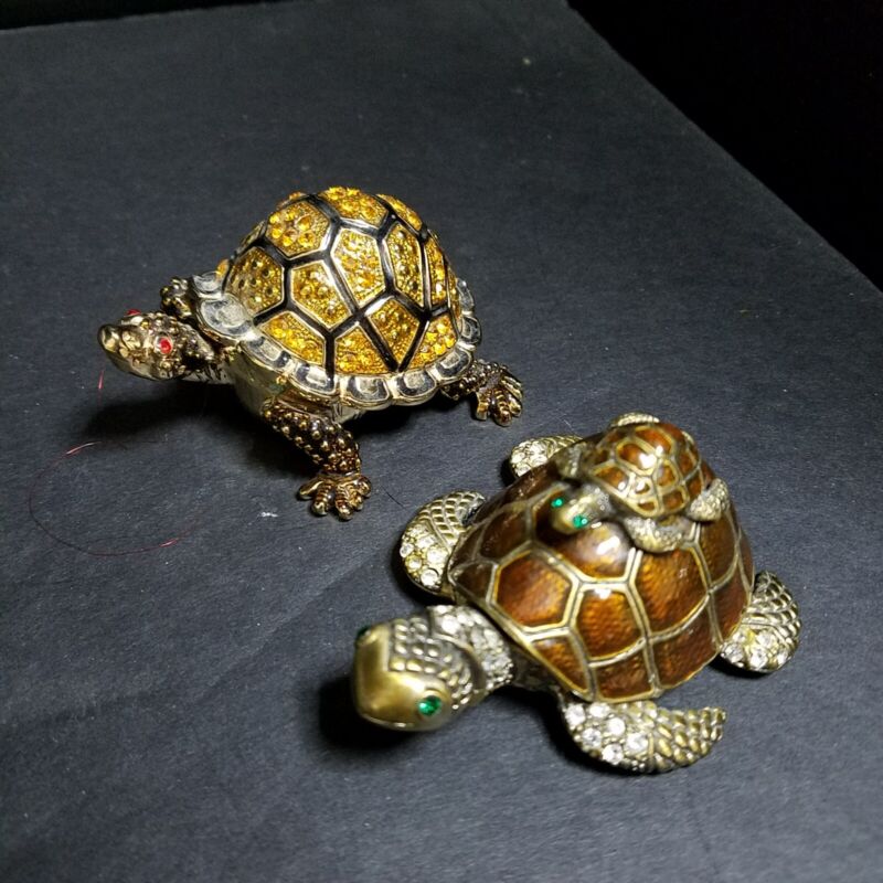 Turtle Jewelry Trinket Box Bejeweled Enameled Hinged Lot Of 2