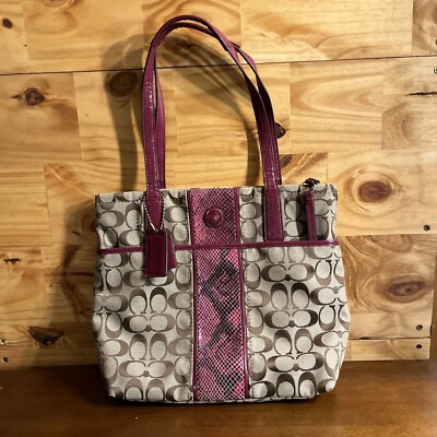 COACH SIGNATURE STRIPE PYTHON KHAKI/RASPBERRY TOTE BAG H1382-F25706