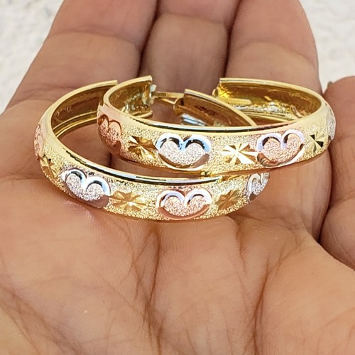 Pre-owned Pink Solid 14k Gold Hoop Earrings Hearts Yellow White Rose 1 Inch Long