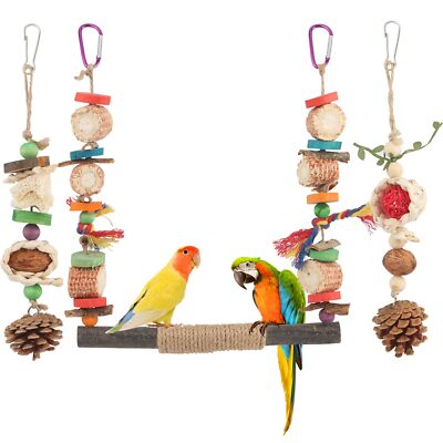 Bird Toys Parrot Swing and Bird Perches Platform Chewing Standing Hanging Par...