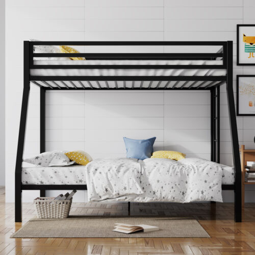 Heavy Duty Metal Bunk Bed Frame Twin Over Full Size with Rem